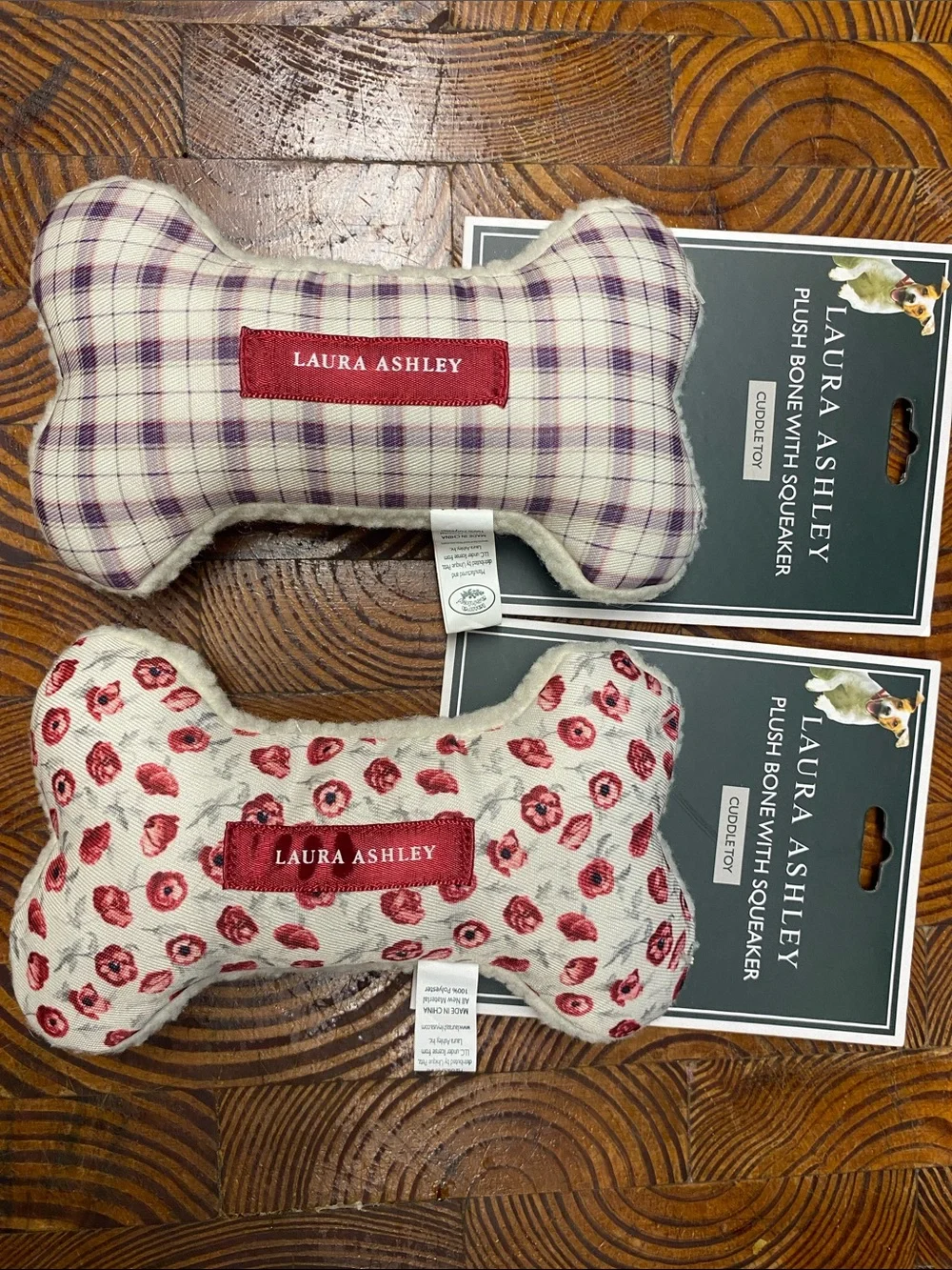 LAURA ASHLEY Bundle of 2 Plush  Bone Dog Toys with Squeaker in Floral and Plaid